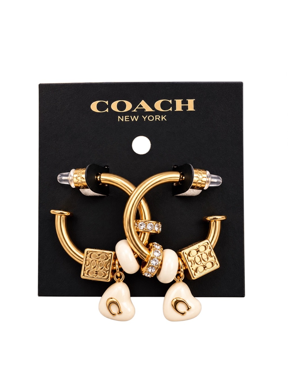 Coach Signature Enamel Heart and Cube Charm Hoop Earrings